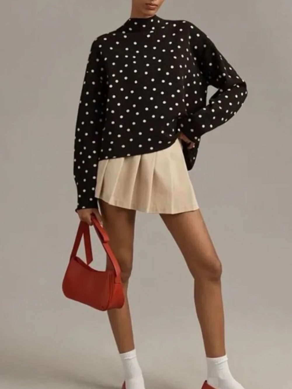 Anthropologie The Carys Mock-Neck Sweater by Maeve, Black/White Polka Dots Sz XS